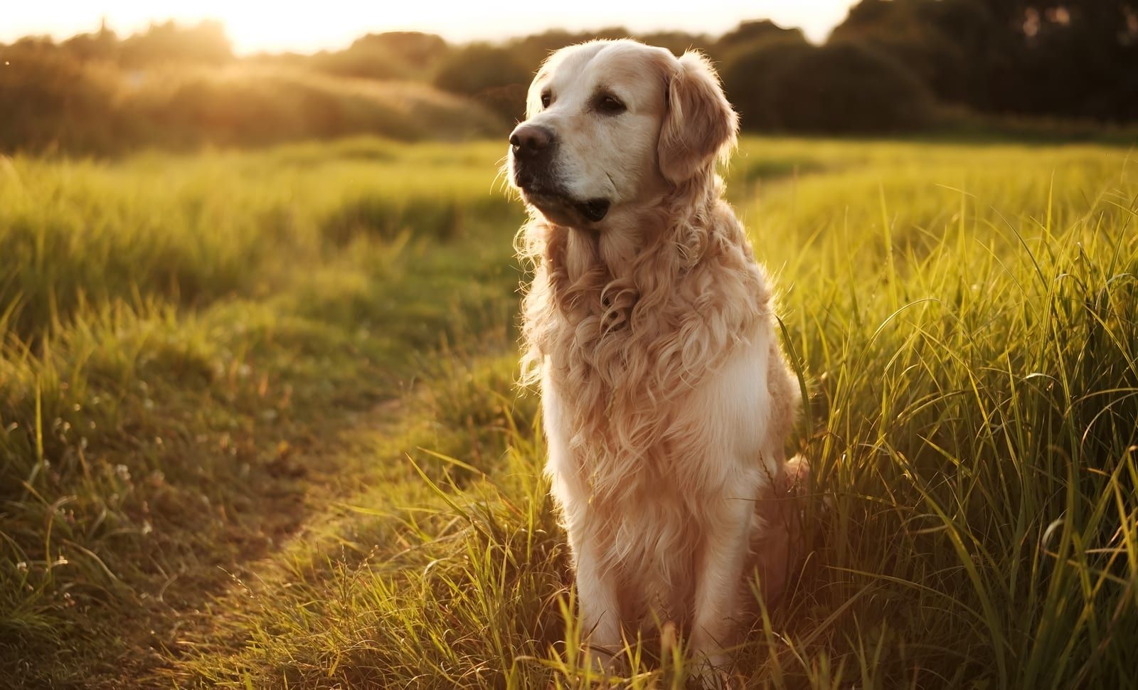 Golden retriever walking through a field